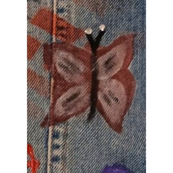 VINTAGE 90s Y2K Jean Jacket Painted Denim Butterflies‎ Artsy Studs Faded Small - Picture 6 of 14
